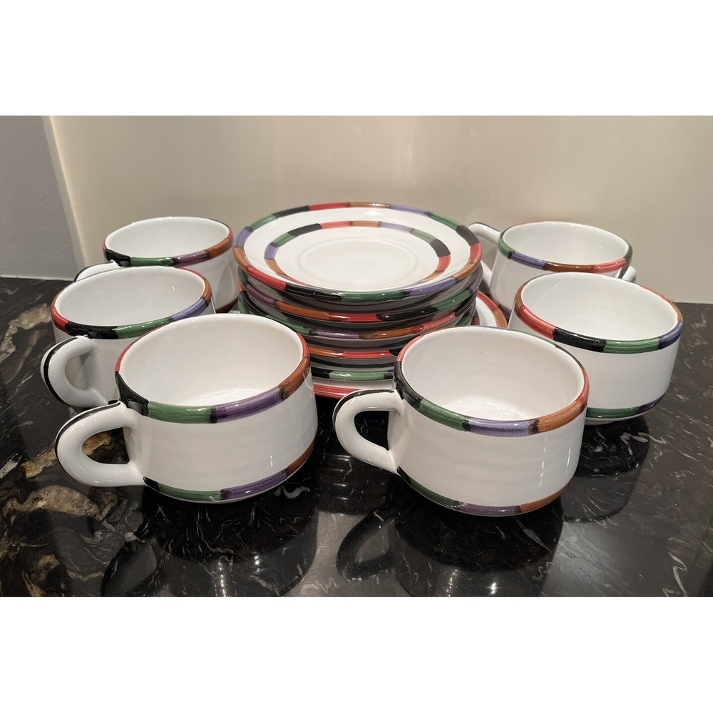 6 CIRCO FESTIVE STRIPE by B Goldsmith Deruta Italy 12oz Cup & Saucer Set -READ